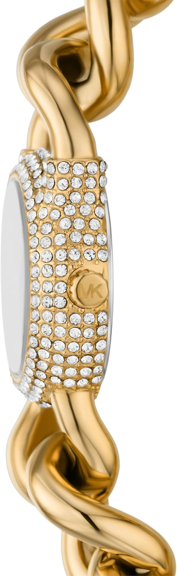 Side angle of gold-tone chain-link strap with pavé crystal bezel and gold MK charm