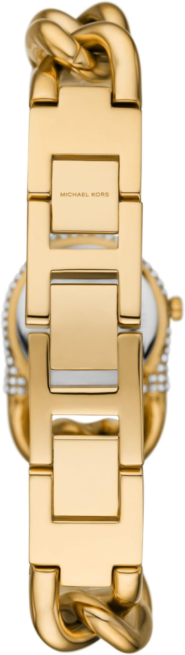 Gold-tone caseback and chain-link strap of Michael Kors Hamilton Petite watch