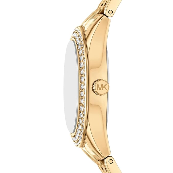 Side profile of Michael Kors Harlowe showing gold case with crystal bezel and MK logo
