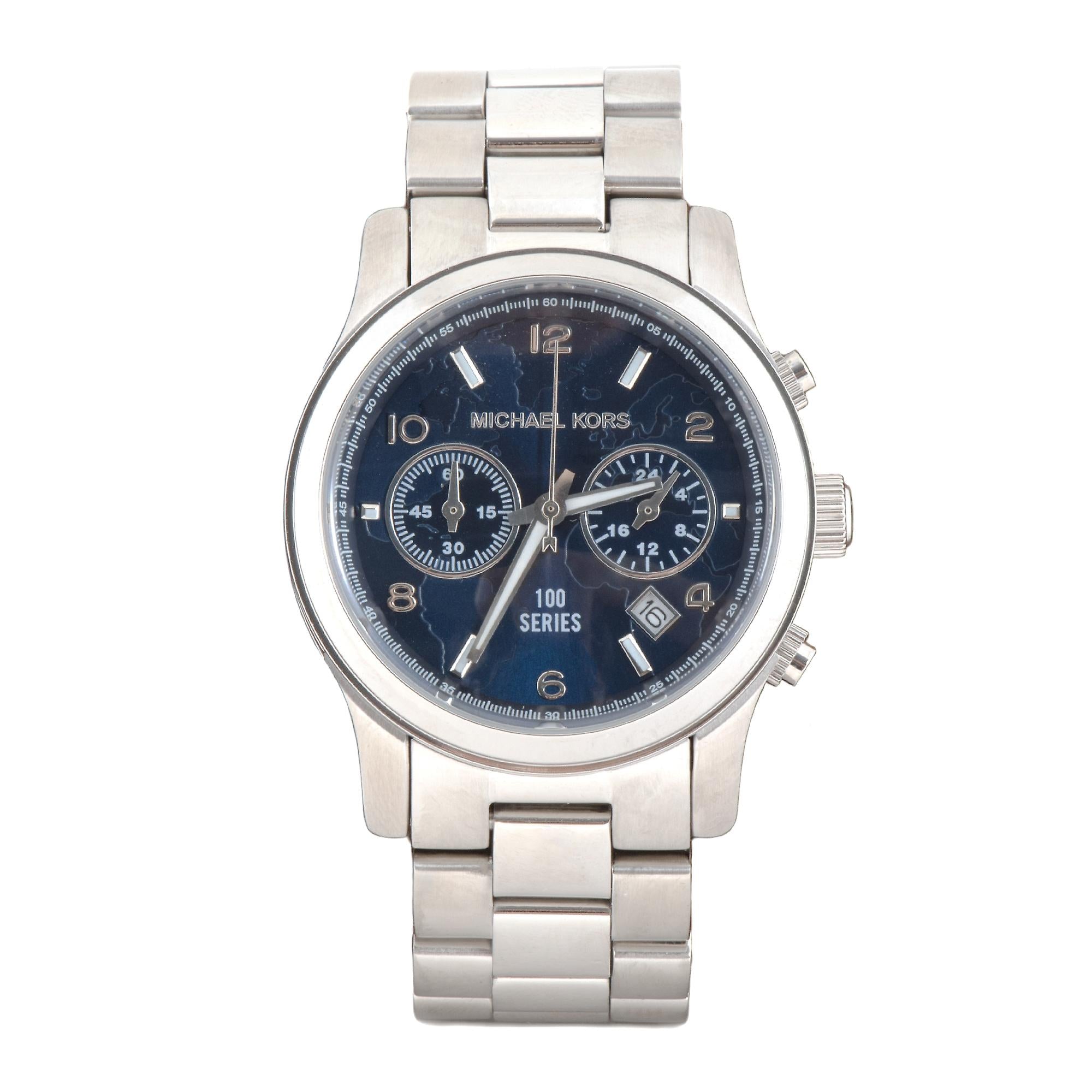 Michael Kors Hunger Stop Chronograph watch with blue dial, silver case and bracelet, dual subdials