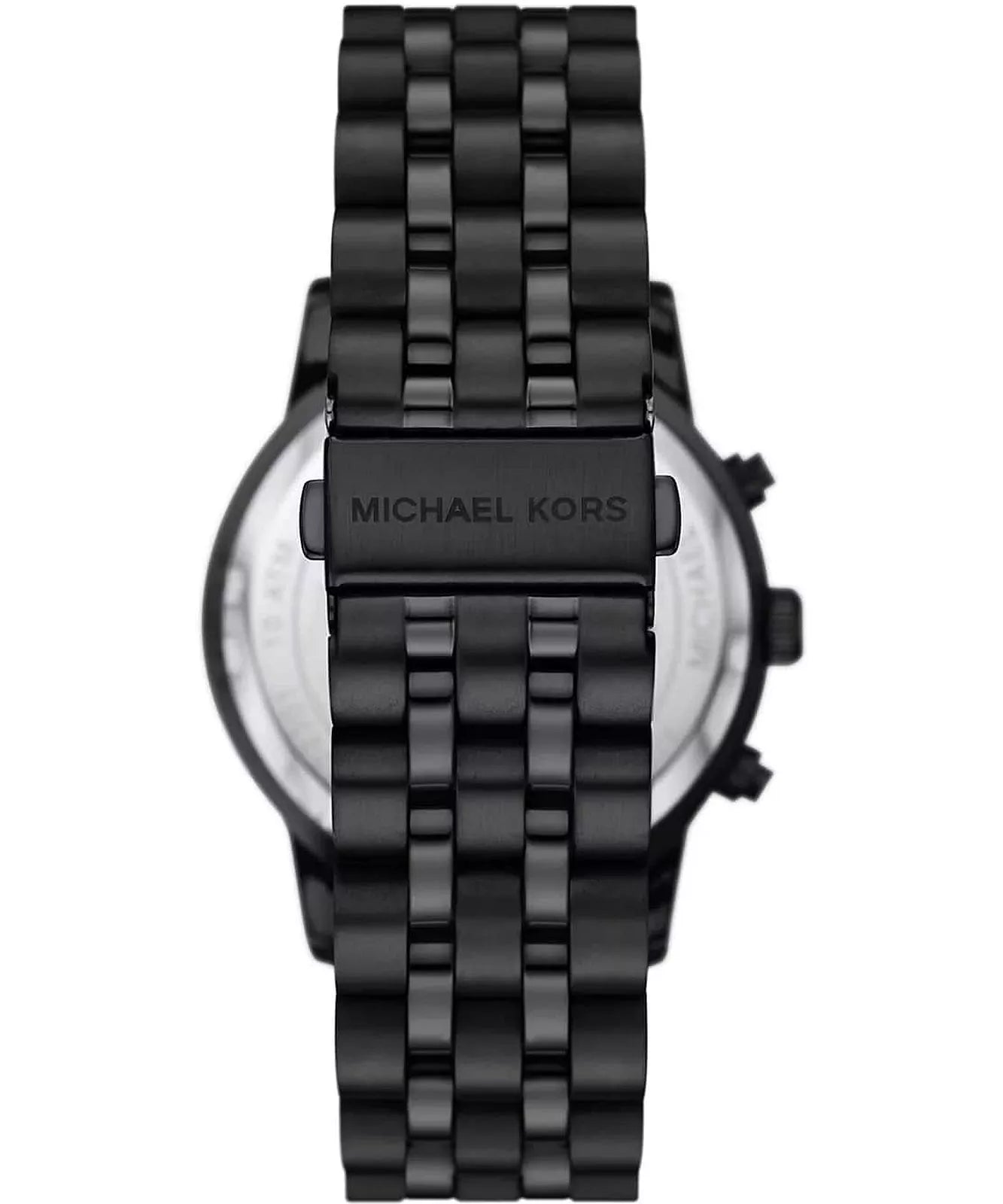 Michael Kors Hutton MK9089 caseback view with black metal bracelet and leather loop attachment