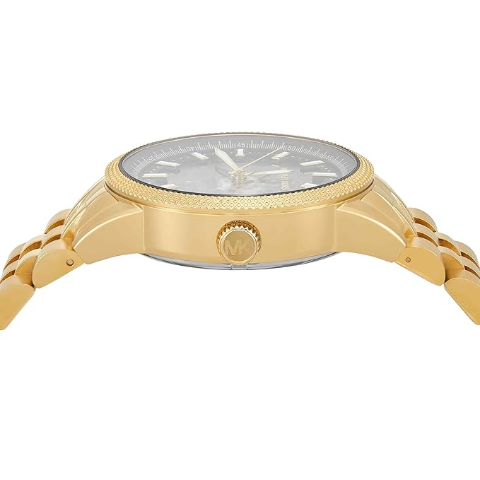 Gold tone case with textured bezel and skeleton dial visible from side angle