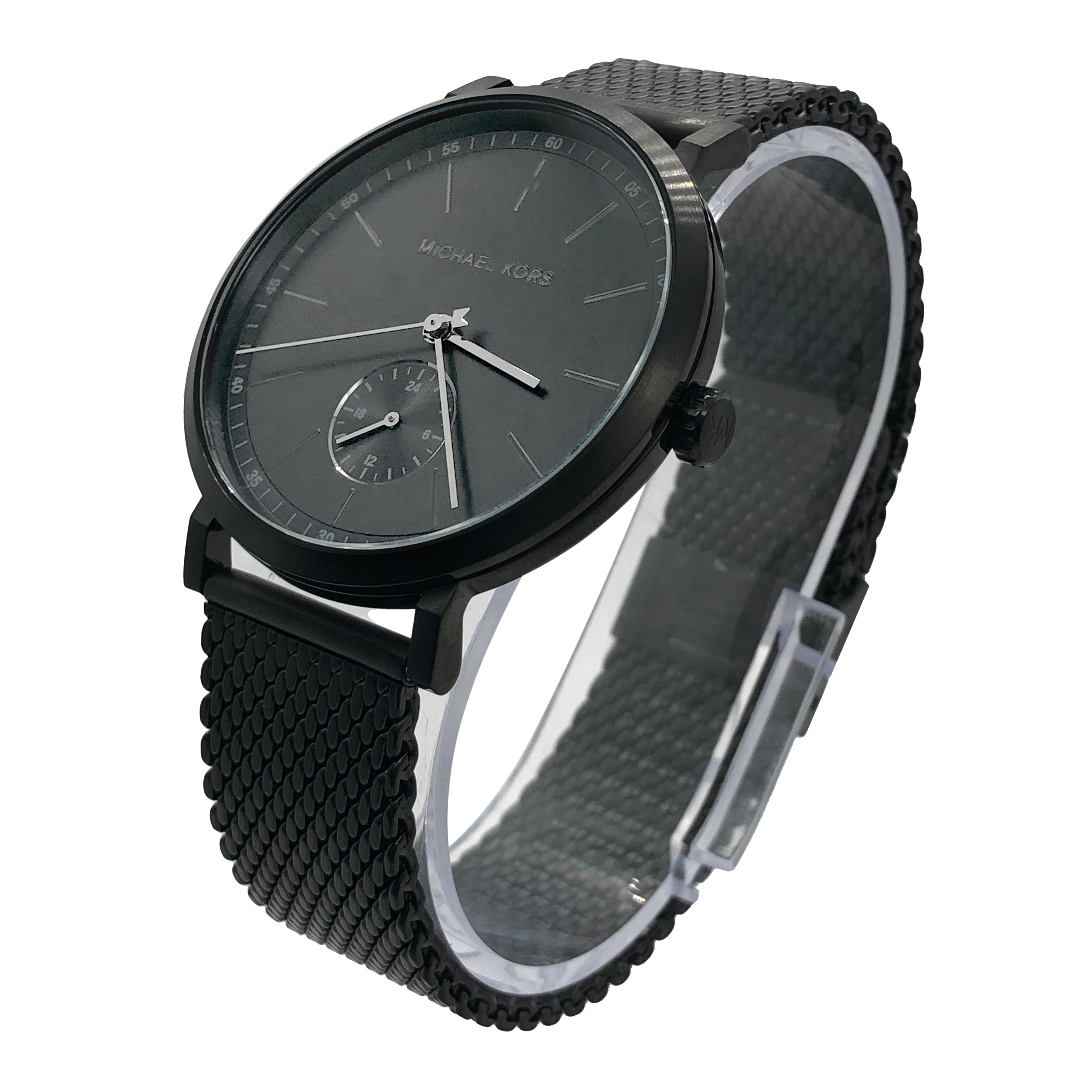 Michael Kors Irving watch angled side view showing black mesh bracelet