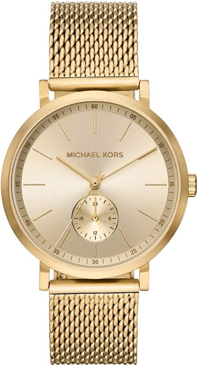 Michael Kors Irving gold mesh women's watch with champagne dial and subdial, front view
