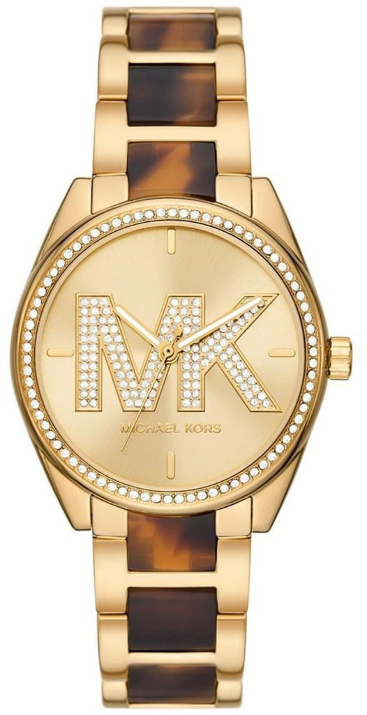 Michael Kors Janelle two-tone tortoise acetate women's watch with crystal bezel and MK logo dial