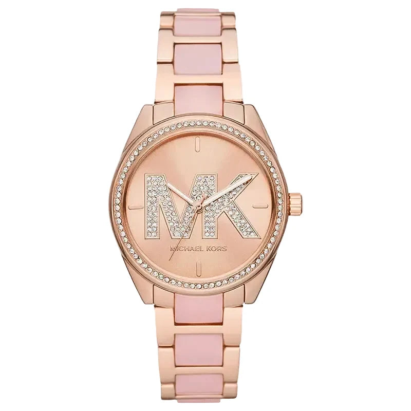 Michael Kors Janelle rose gold and pink two-tone watch with crystal-bezel and MK logo dial