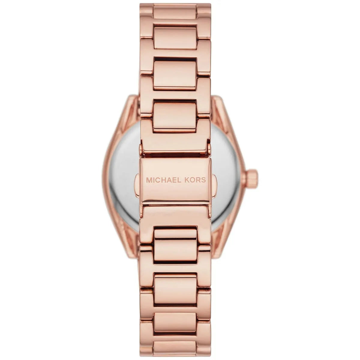 Michael Kors Janelle watch caseback showing rose-gold case and full bracelet length
