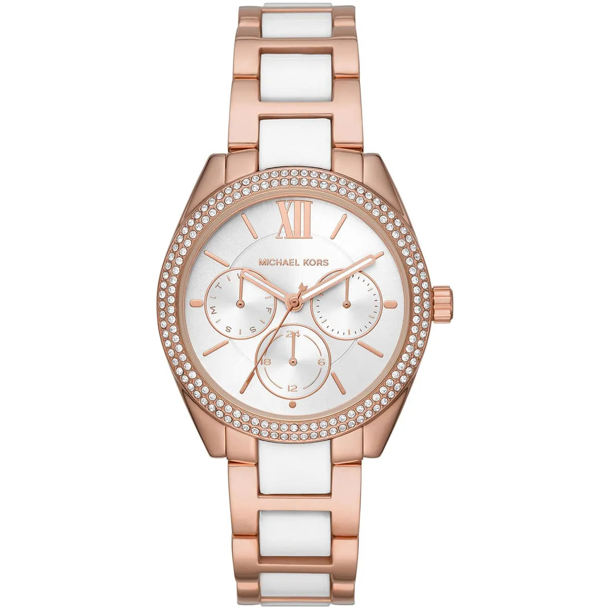 Michael Kors Janelle rose-gold women's watch with diamond bezel and multifunction white dial
