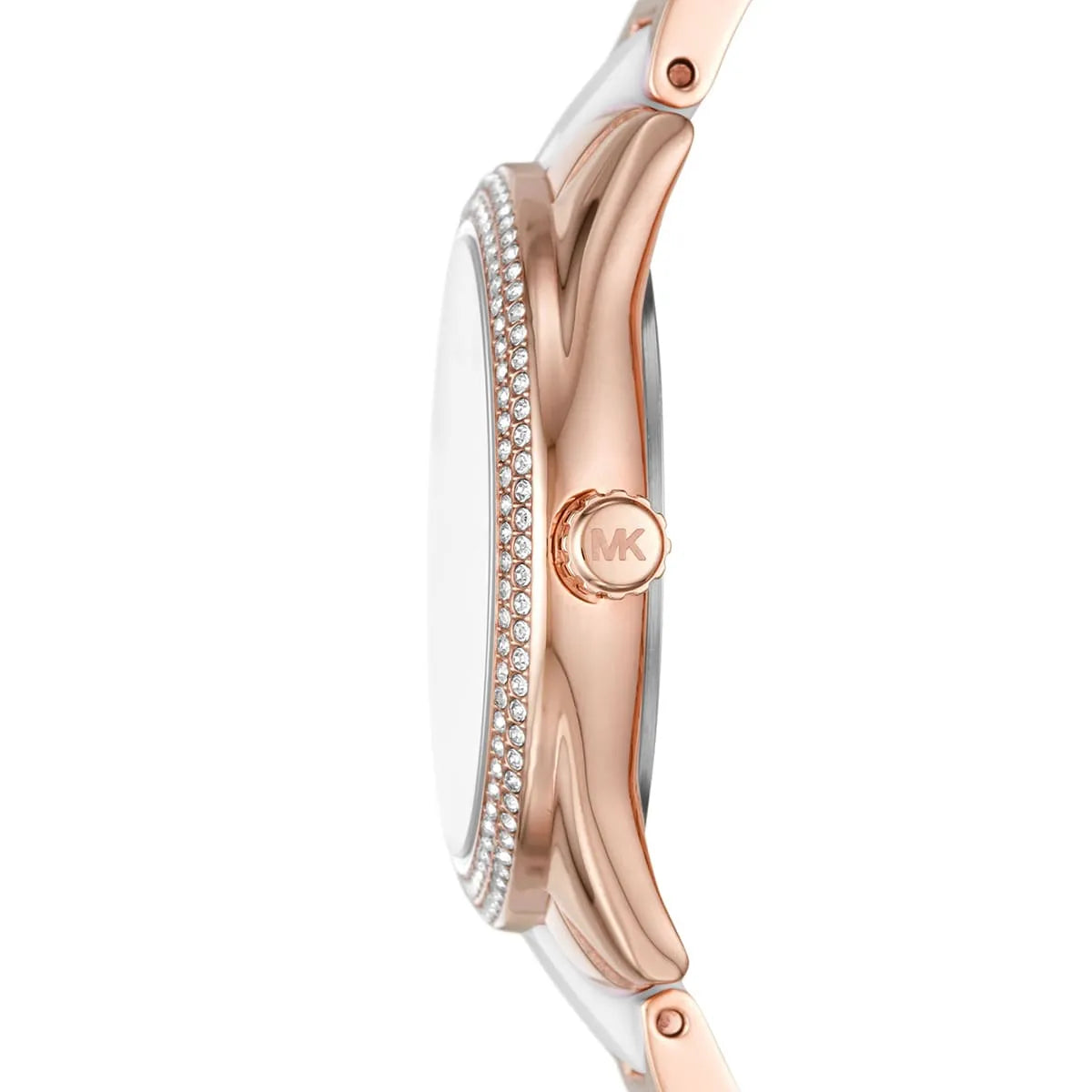 Michael Kors Janelle watch side profile showing rose-gold case and bracelet with white accents