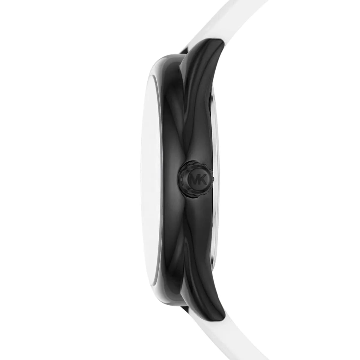 Side view of Michael Kors Janelle MK7137 watch showing black case profile and white rubber strap