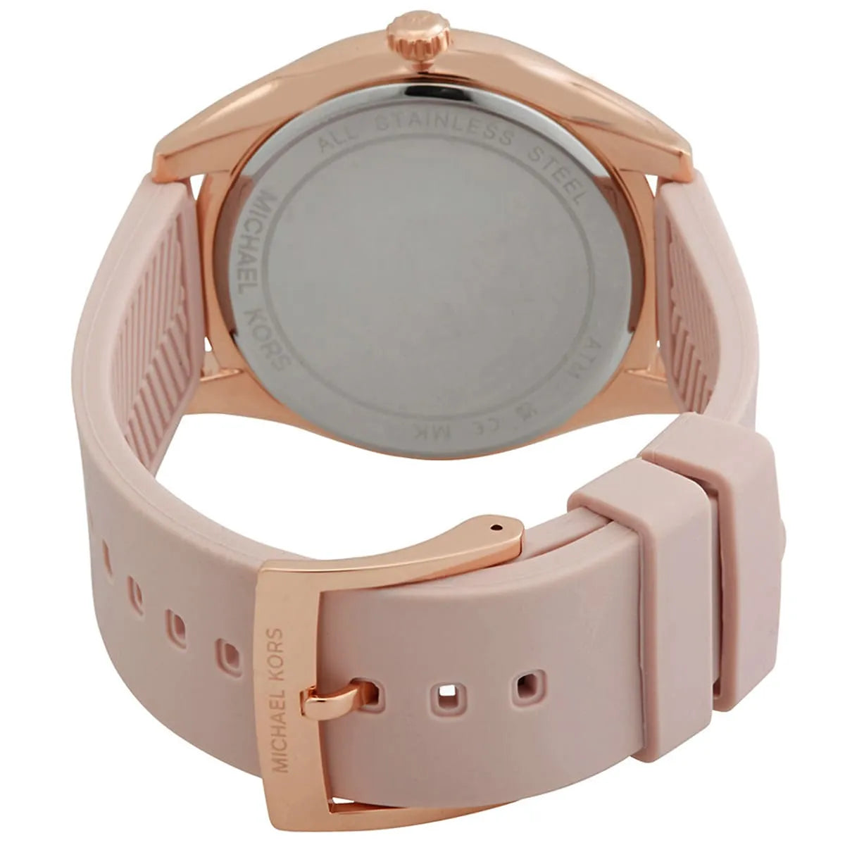 Michael Kors Janelle watch back view showing caseback and rubber strap