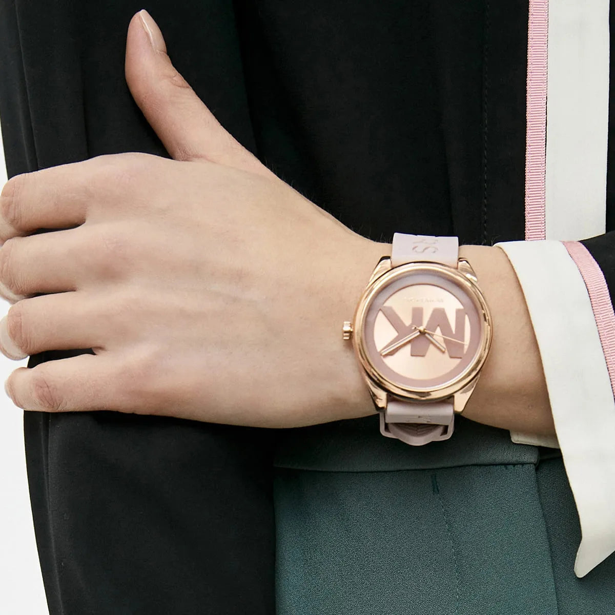 Michael Kors Janelle ladies watch on wrist with rose gold case and strap