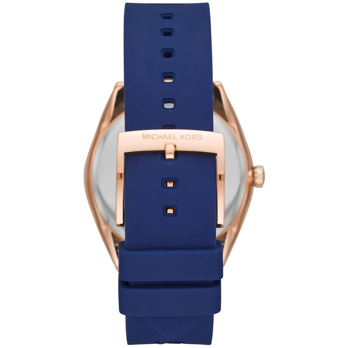 Michael Kors Janelle watch caseback displaying blue rubber strap and rose gold case