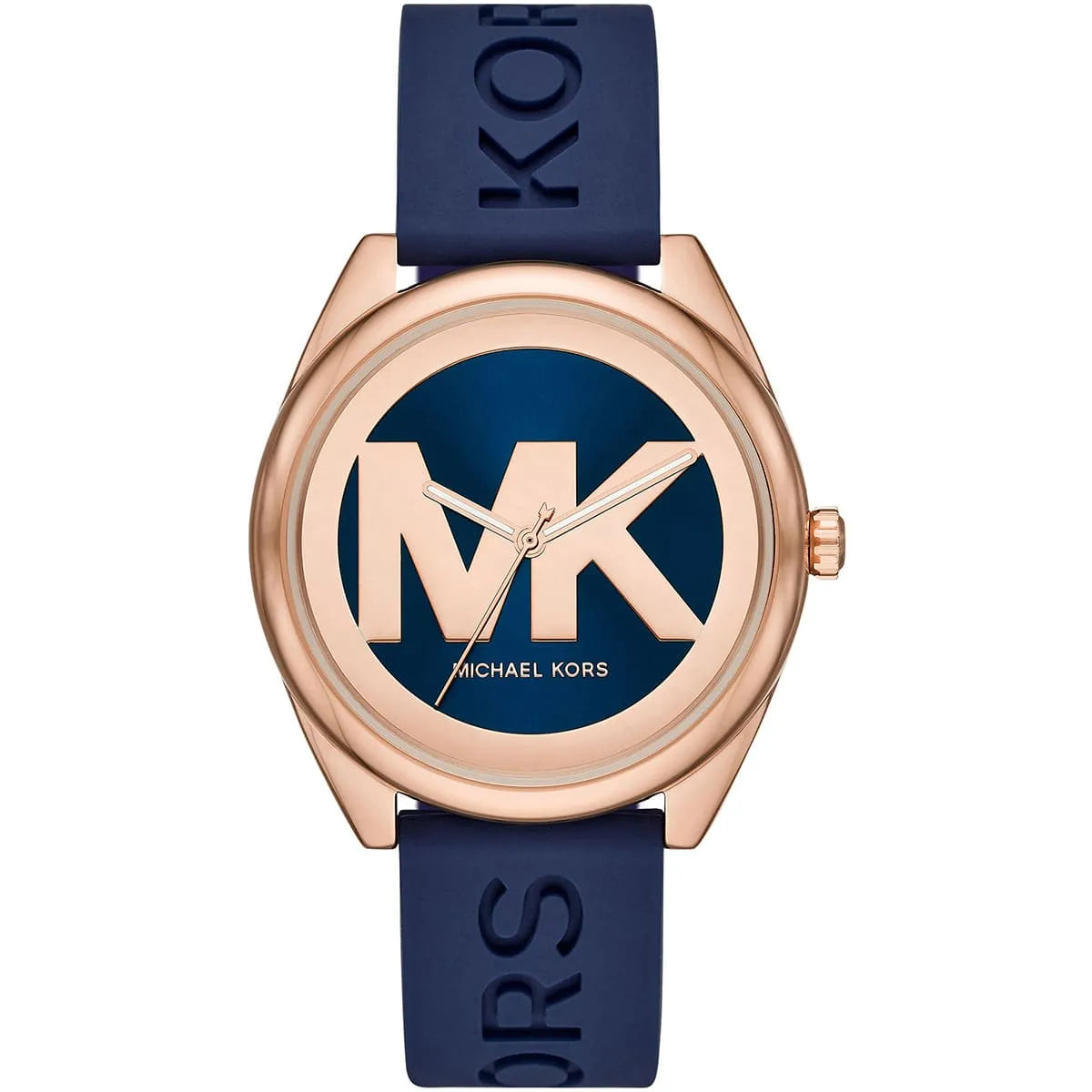 Michael Kors Janelle women's watch with blue dial, rose gold bezel, and blue rubber strap