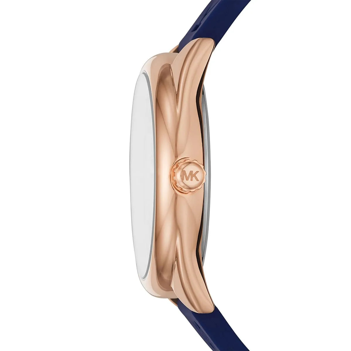 Side view of Michael Kors Janelle watch showing rose gold case profile and MK logo