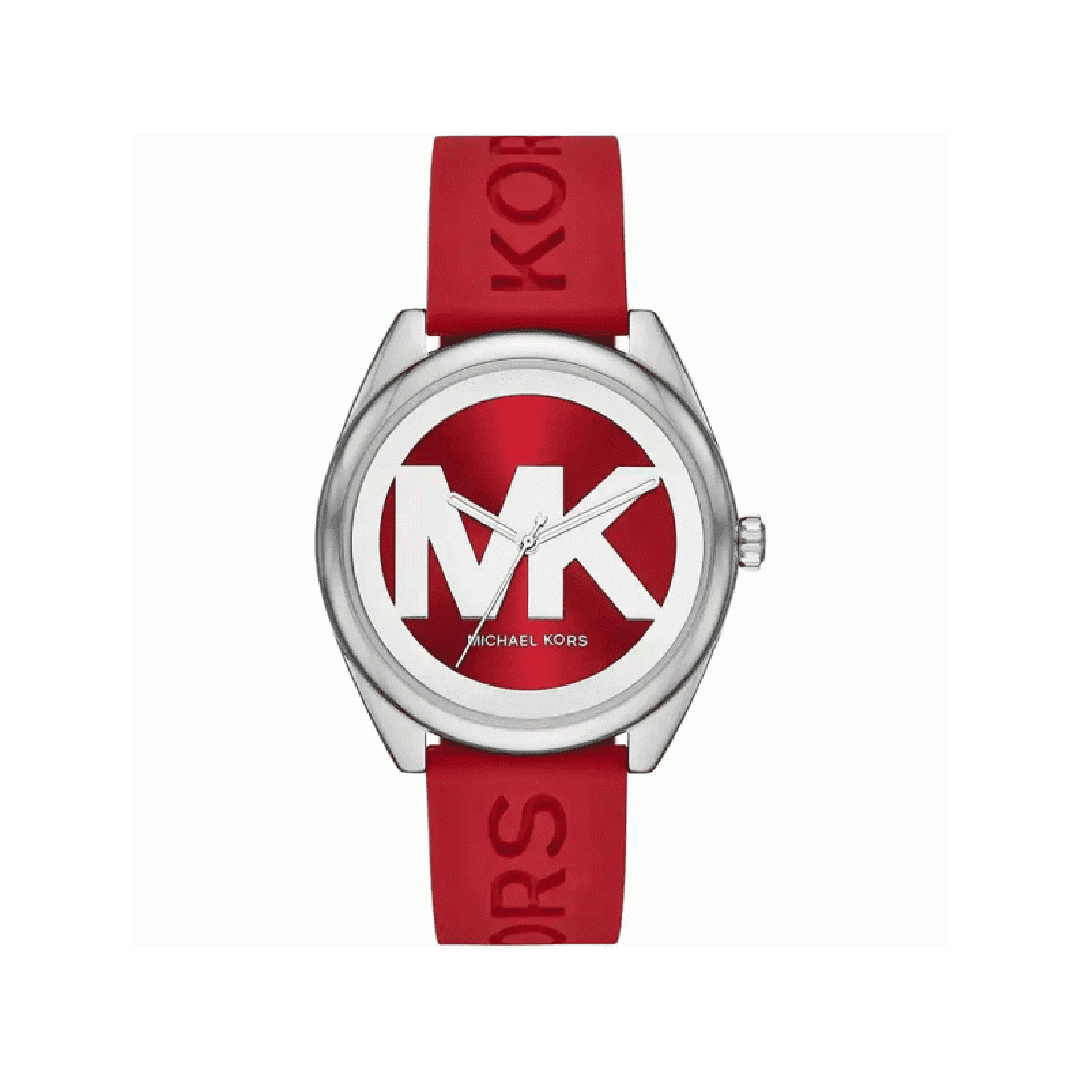 Michael Kors Janelle watch with red dial, MK logo, and red rubber strap