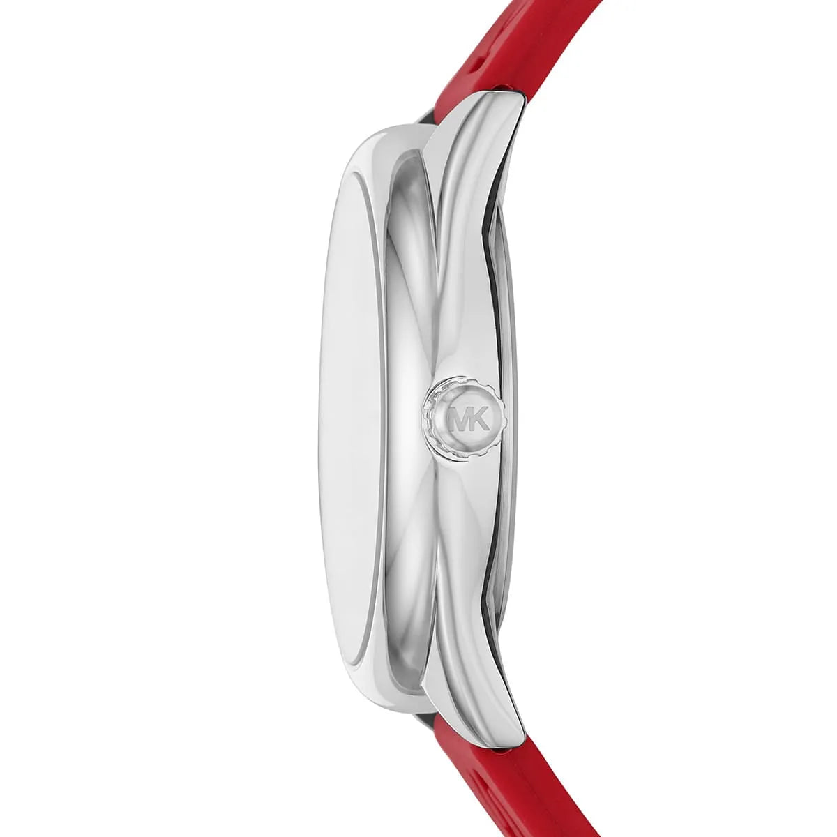 Michael Kors Janelle watch side profile showing silver-tone case and red strap