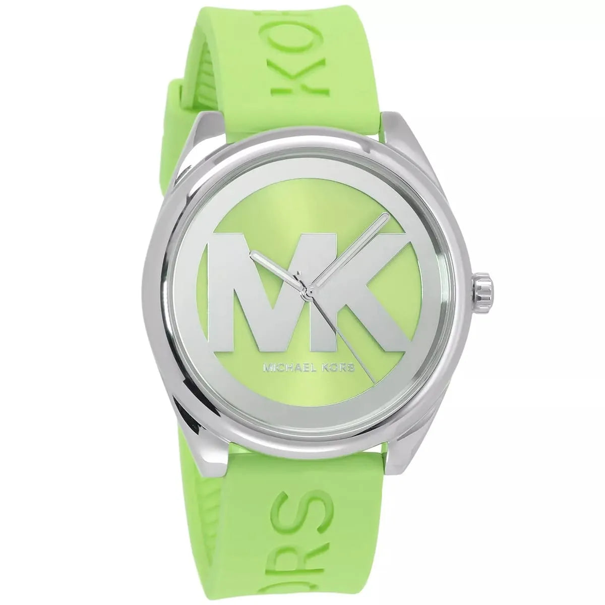 Michael Kors Janelle women's watch angled view showing neon green strap and case