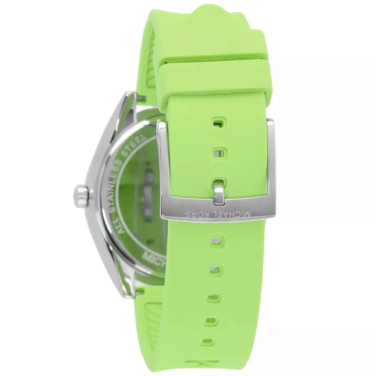 Michael Kors Janelle watch caseback showing MK branding on silver case