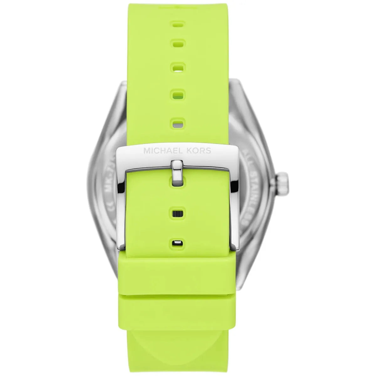 Michael Kors Janelle neon green rubber strap with adjustment holes and silver buckle