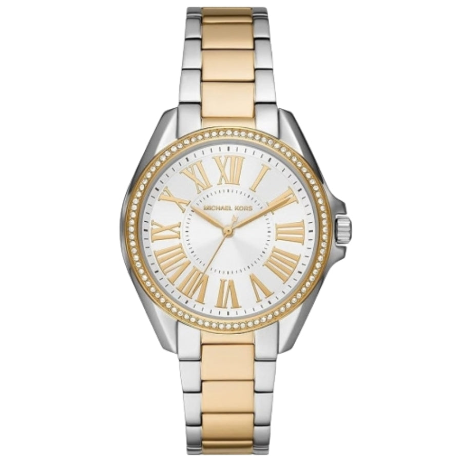 Michael Kors Kacie silver dial watch with two-tone steel bracelet and crystal bezel