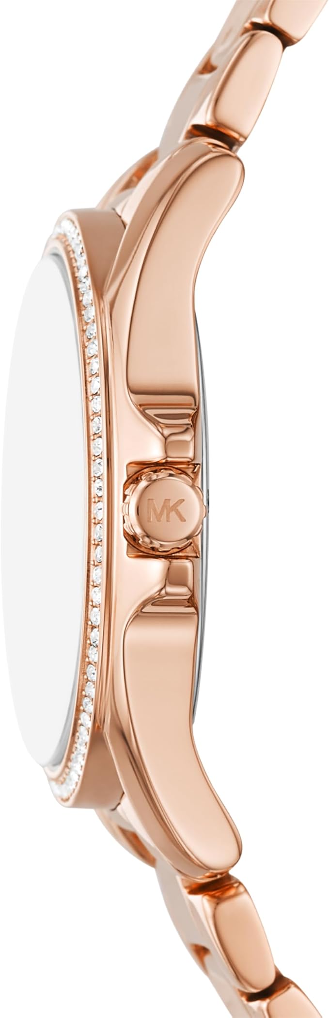 Side profile view of rose gold-tone Michael Kors Kaycie watch showing bezel and bracelet detail