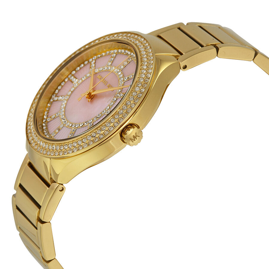 Side angle view of Michael Kors Kerry watch showing pink MOP dial and gold-tone metal bracelet