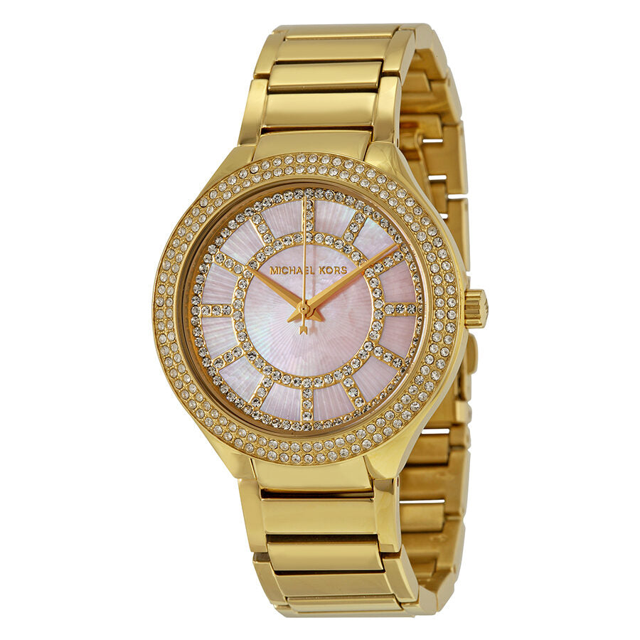 Michael Kors Kerry women's watch with pink mother-of-pearl dial, crystal bezel, and gold-tone bracelet