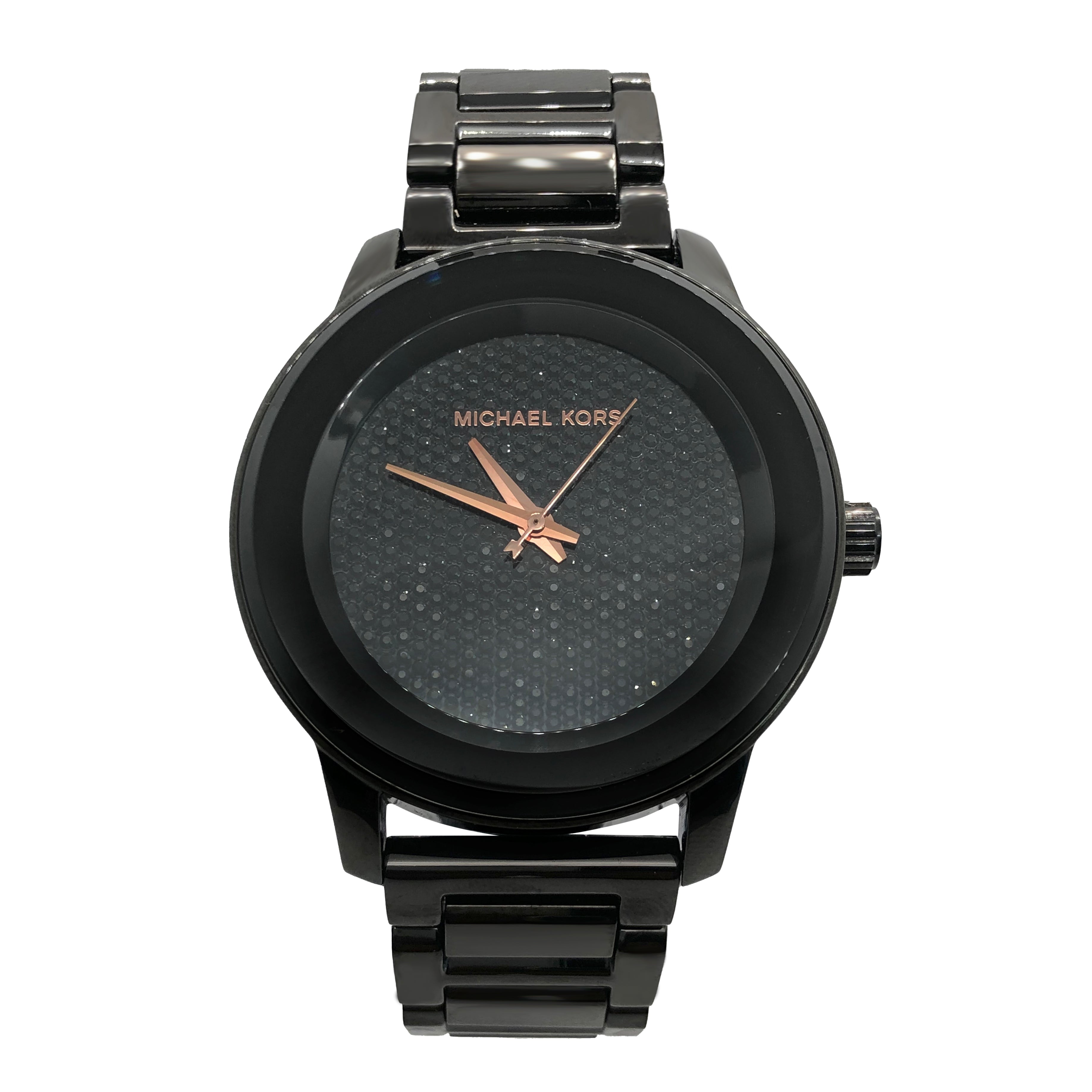 Michael Kors Kinley all-black women's watch with patterned dial and rose gold hands
