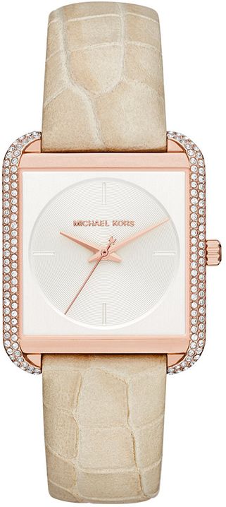 Michael Kors Lake rose gold watch with cream leather strap and crystal-set square bezel