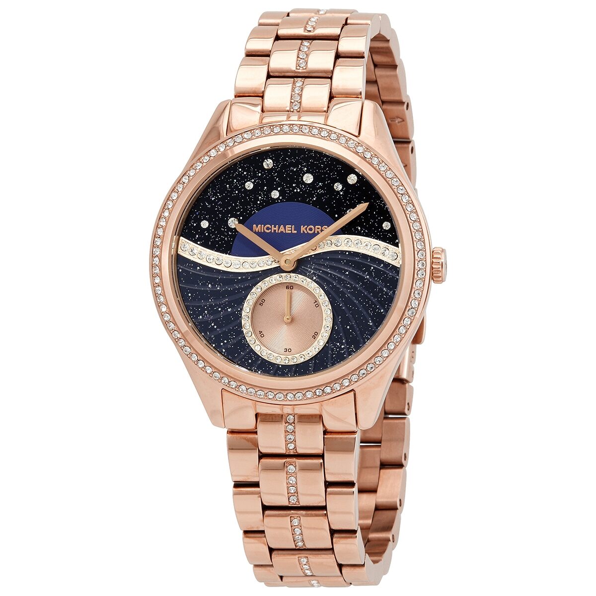 Michael Kors Lauryn Crystal rose gold-tone watch with black dial, crystal bezel, and rose gold bracelet