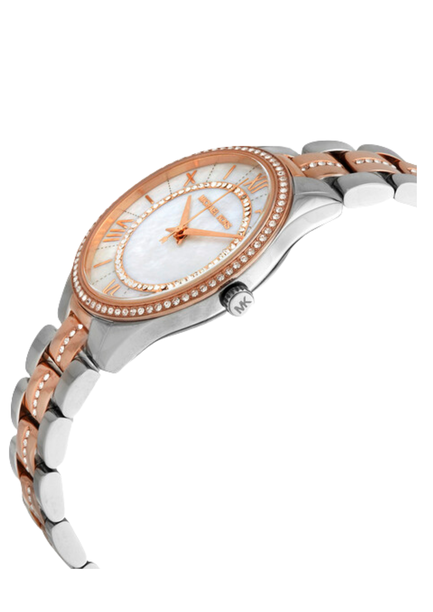Side angled view of Michael Kors Lauryn watch showing case profile and mixed metal bracelet