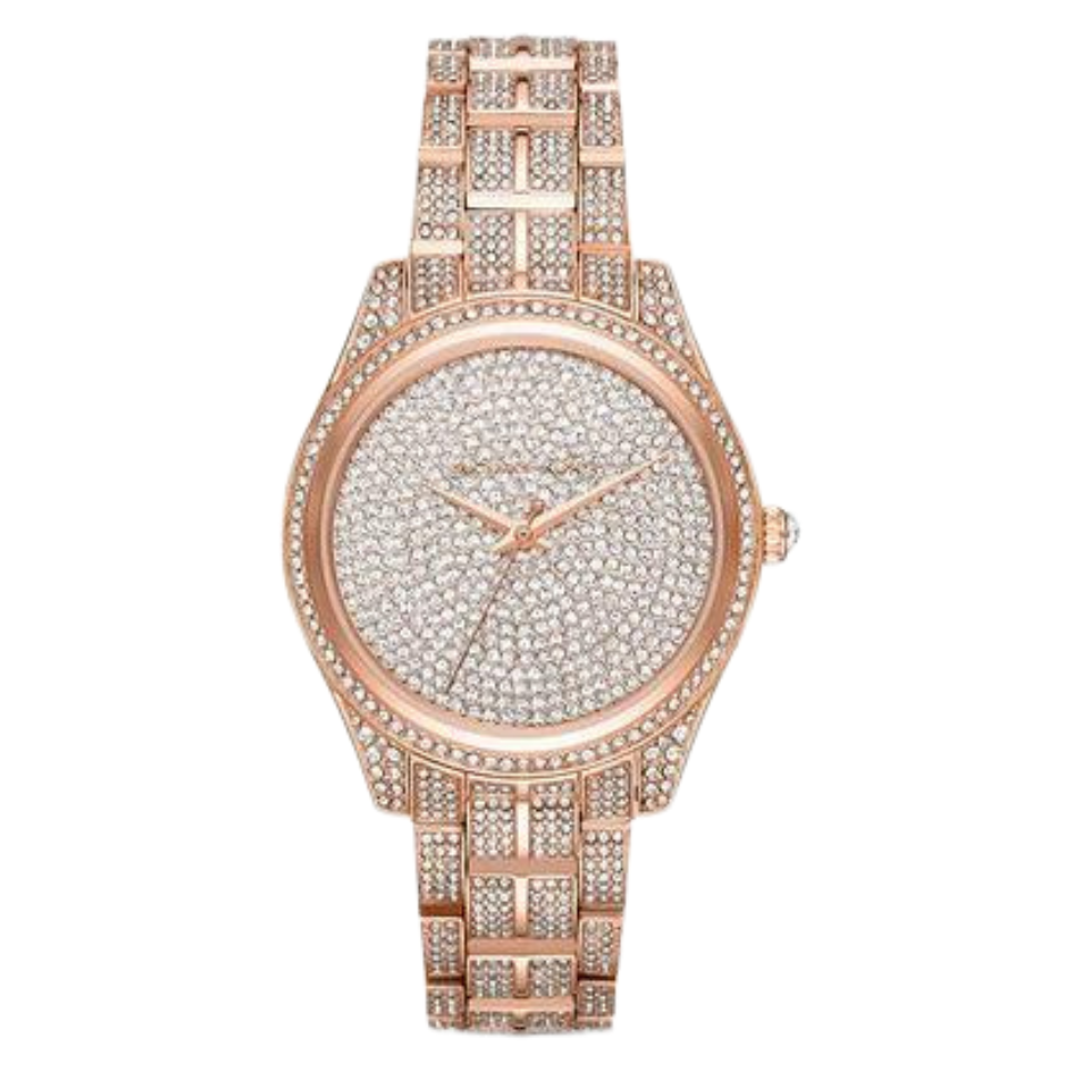 Michael Kors Lauryn rose gold women's watch with crystal-covered dial and crystal-set bracelet