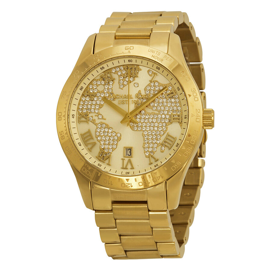 Michael Kors Layton gold-tone watch with pave-embellished world map dial and Roman numerals