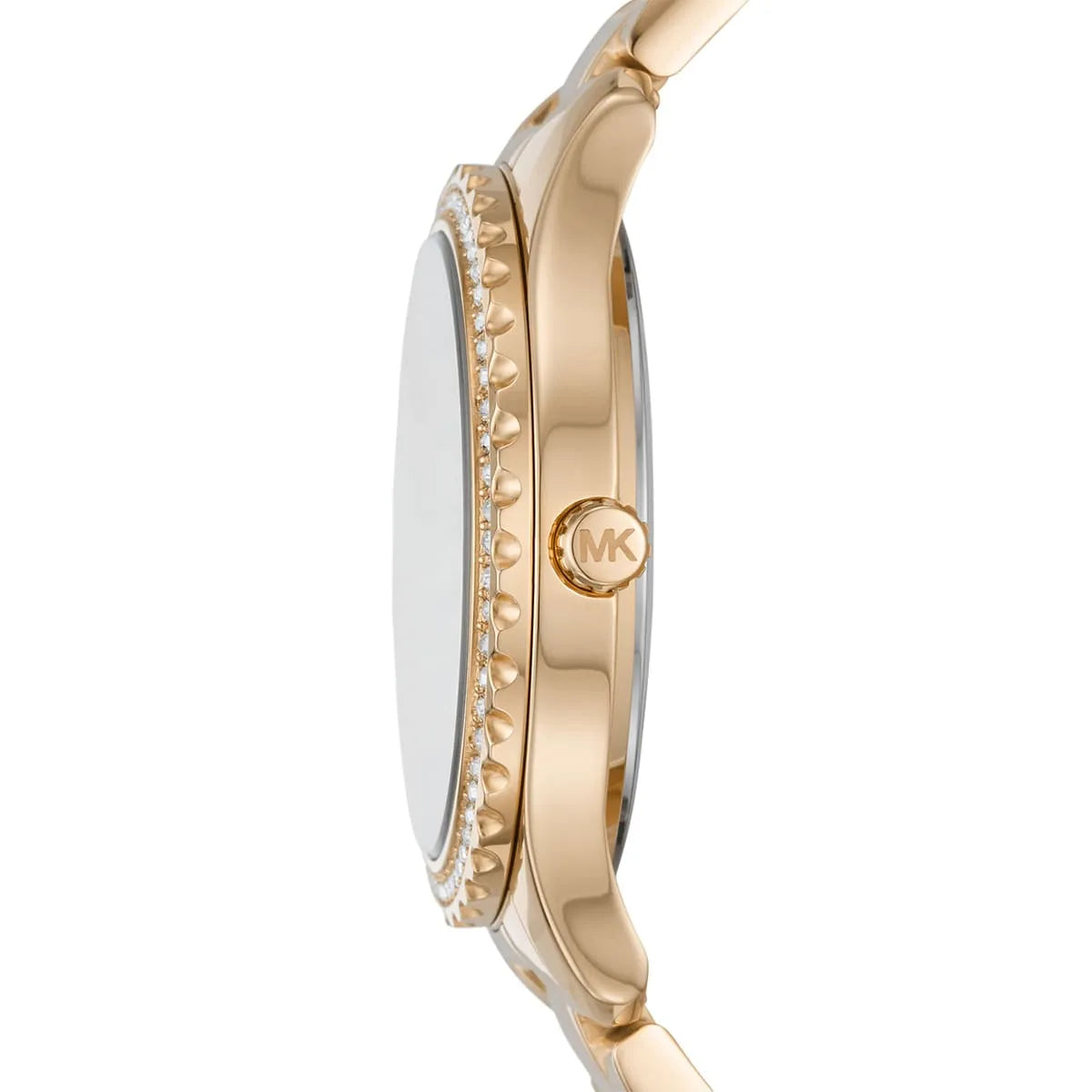 Michael Kors Layton watch side profile showing crystal bezel and gold bracelet