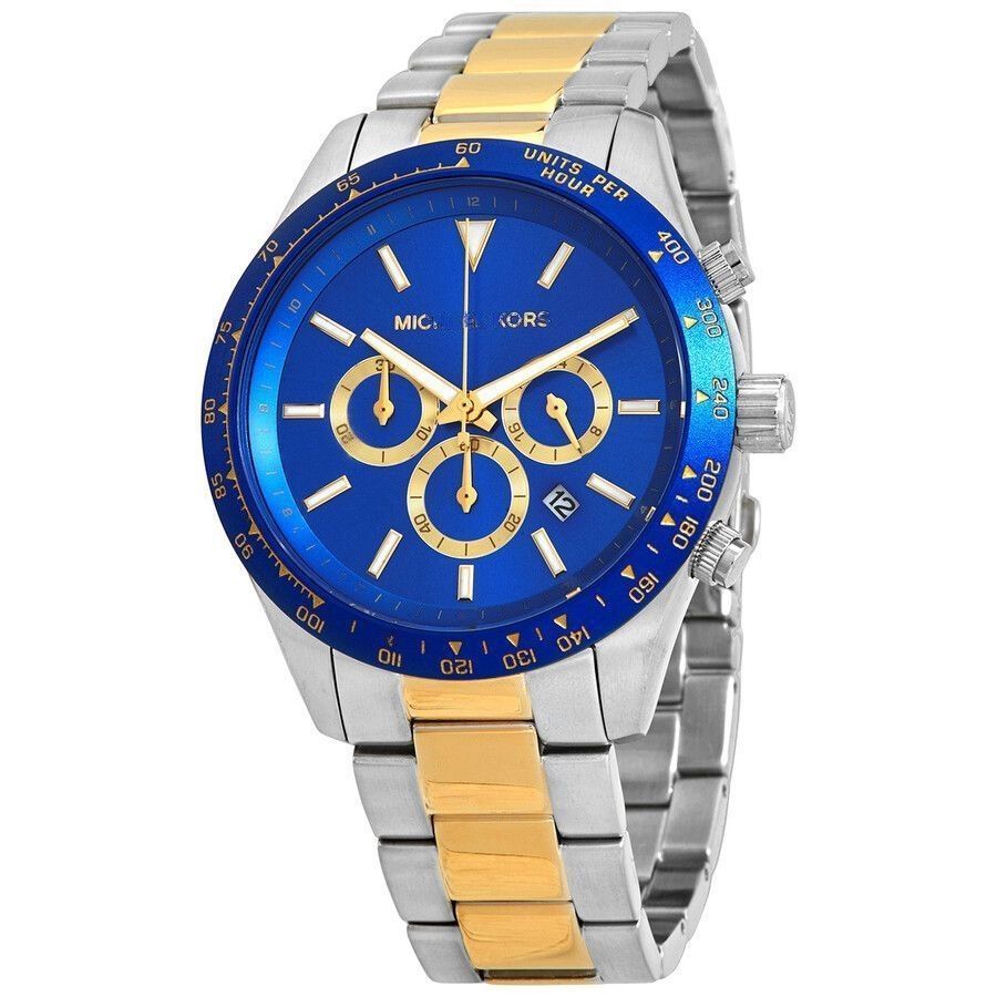 Michael Kors Layton chronograph watch with blue dial, gold and silver two-tone bracelet