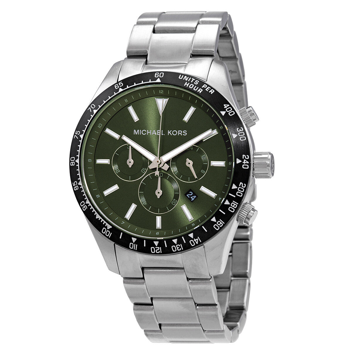 Michael Kors Layton chronograph watch with green dial and silver stainless steel bracelet