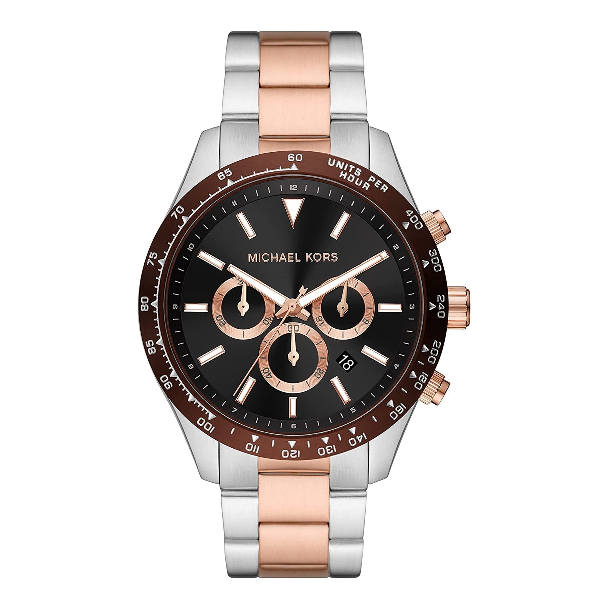 Michael Kors Layton chronograph watch with black dial, rose gold subdials, and two-tone bracelet