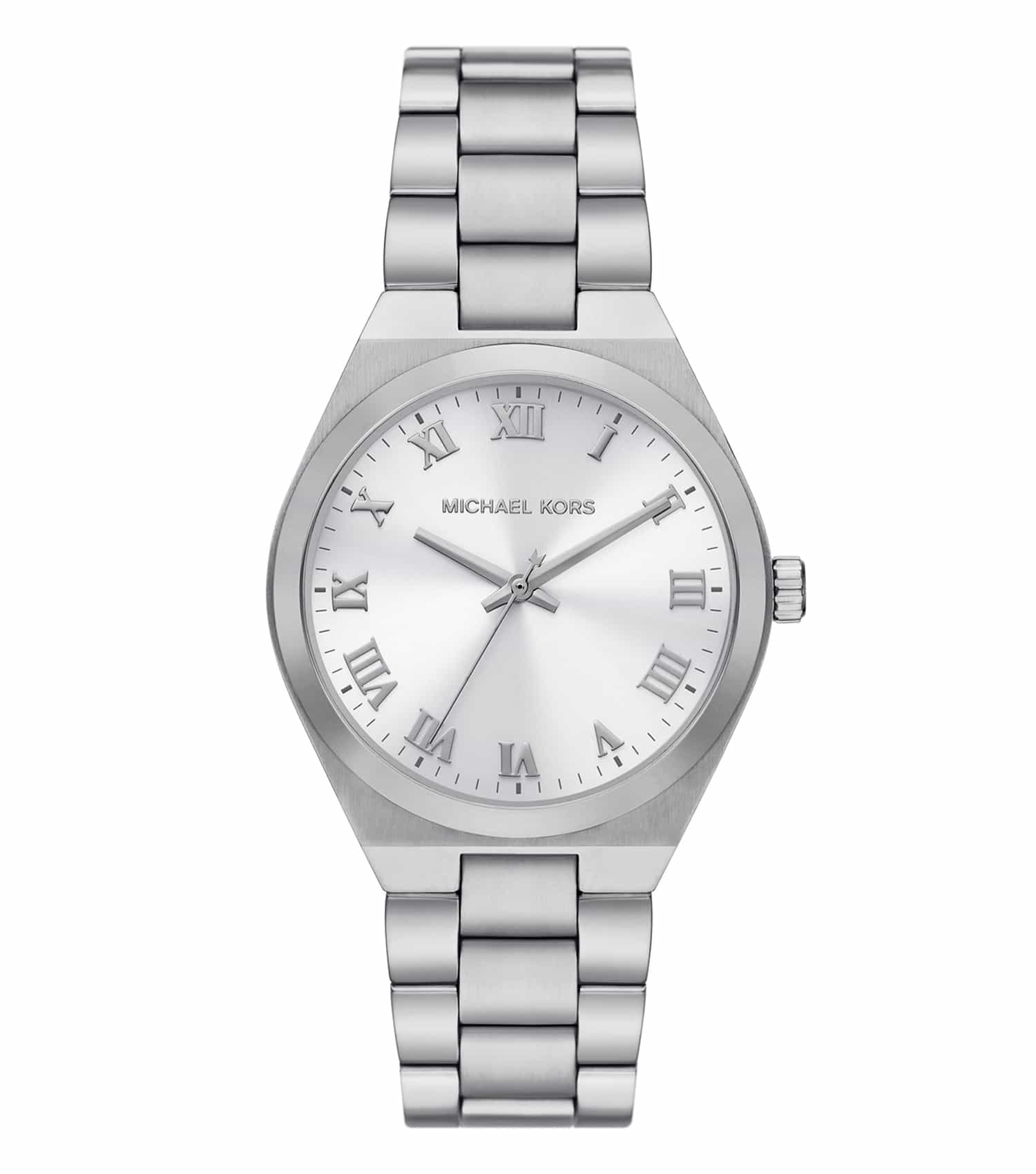 Michael Kors Lennox MK7393 silver-tone women's watch with white dial and Roman numerals