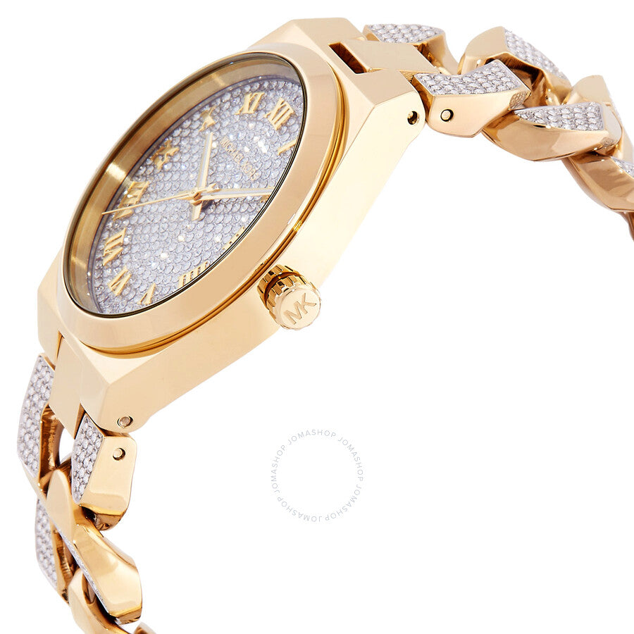 Michael Kors Lennox watch angled view showing crystal dial, gold case, and crown detail