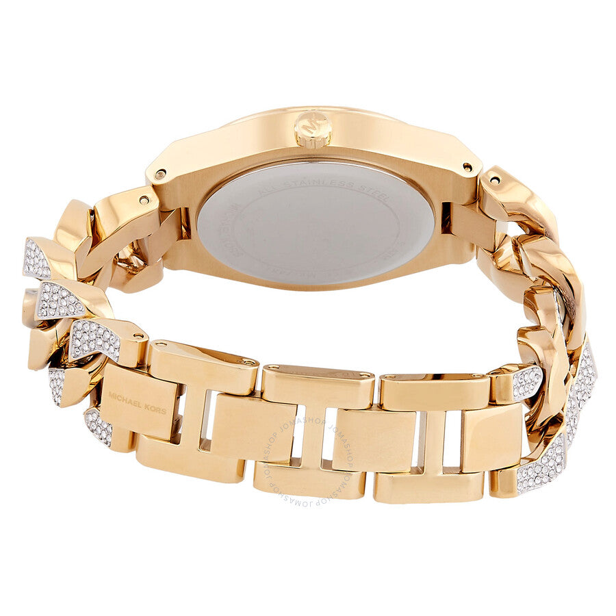 Michael Kors Lennox watch caseback showing gold-tone stainless steel bracelet and back panel