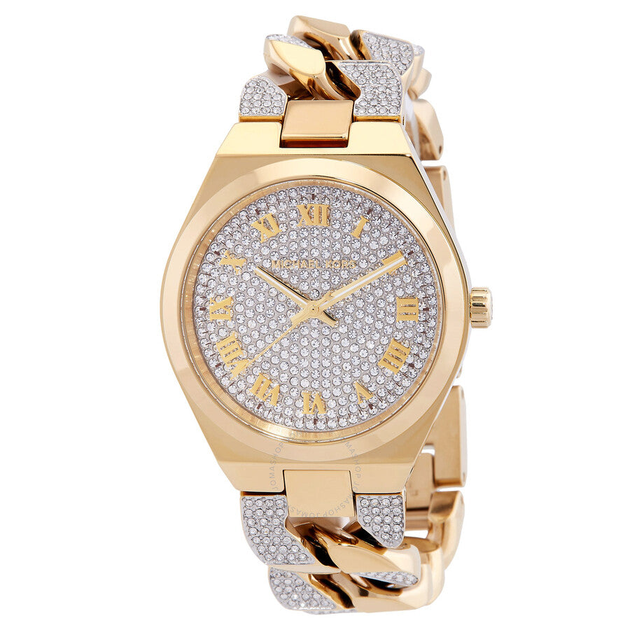 Michael Kors Lennox gold-tone quartz watch with crystal-paved dial and chain bracelet