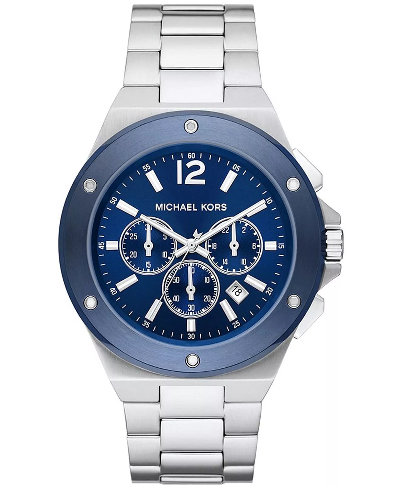 Michael Kors Lennox Chronograph watch with blue dial, three subdials and silver stainless steel bracelet