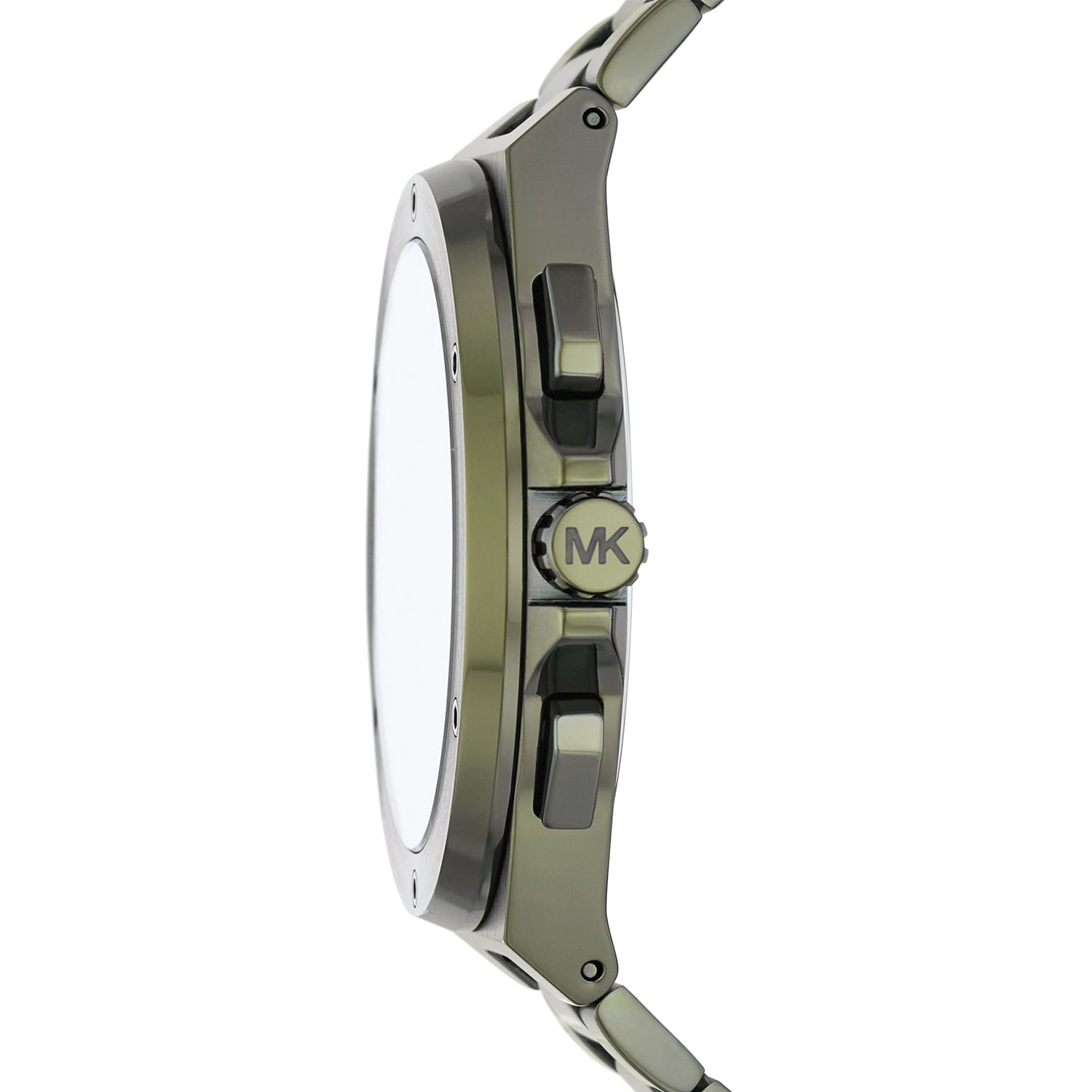Michael Kors Lennox watch side view showing olive green case and metal bracelet