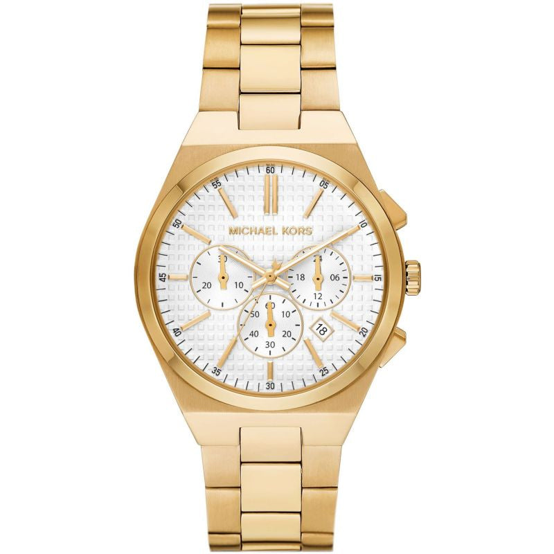 Michael Kors Oversized Lennox Chronograph gold-tone watch with white dial and chronograph subdials