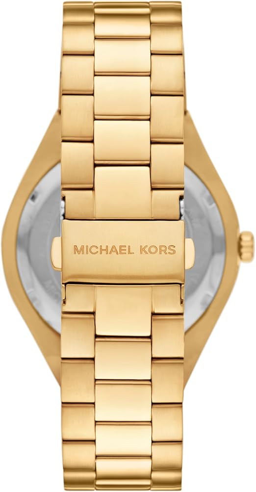 Michael Kors Lennox caseback showing gold-tone stainless steel bracelet