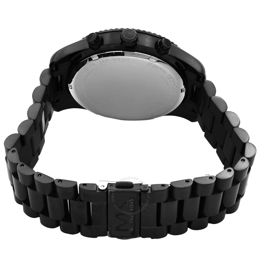 Michael Kors Lexington watch caseback showing stainless steel link bracelet