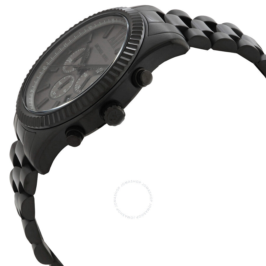 Michael Kors Lexington watch shown from side angle with chronograph pushers