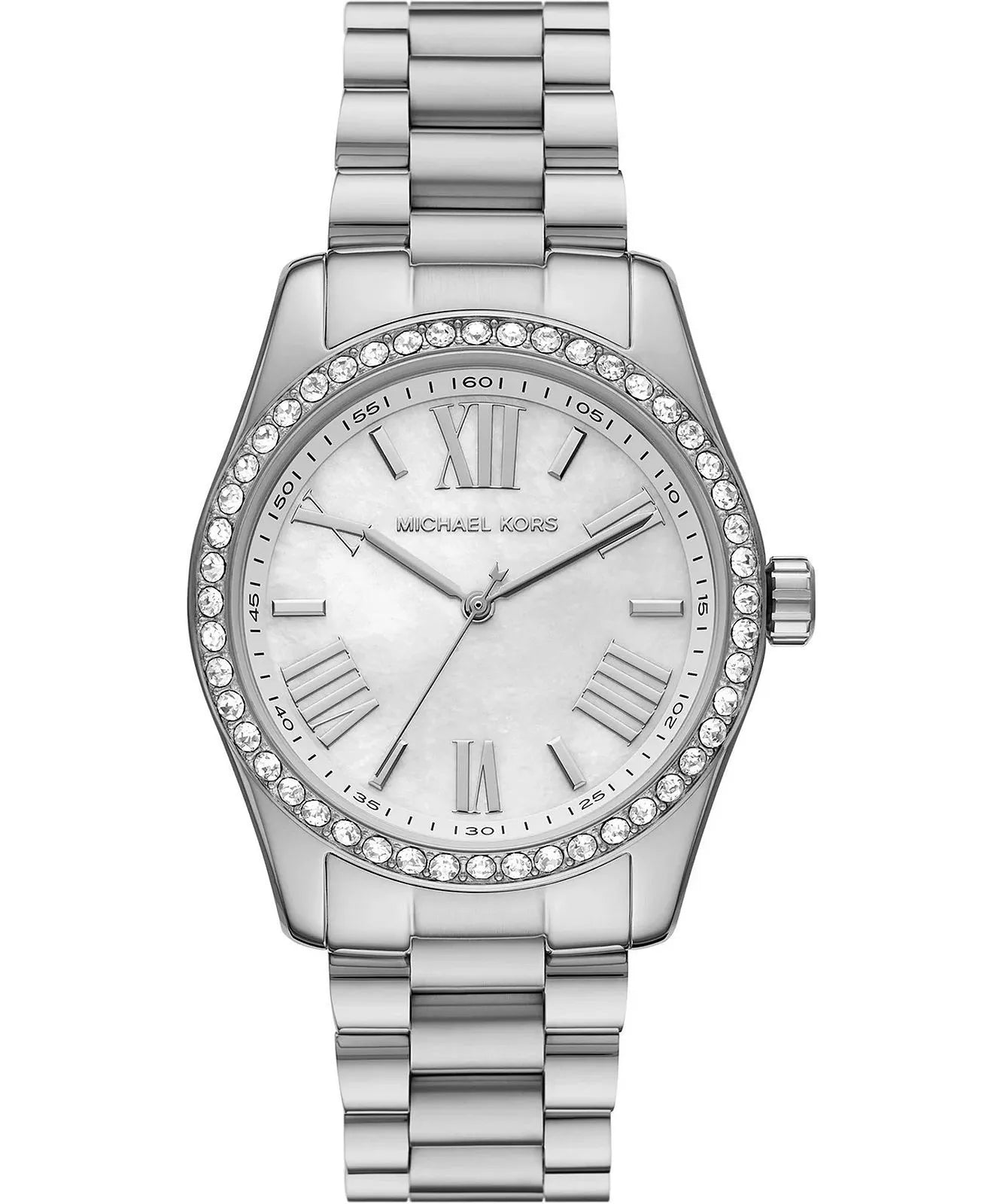 Michael Kors Lexington Crystals women's watch with white dial, crystal bezel, and silver steel bracelet