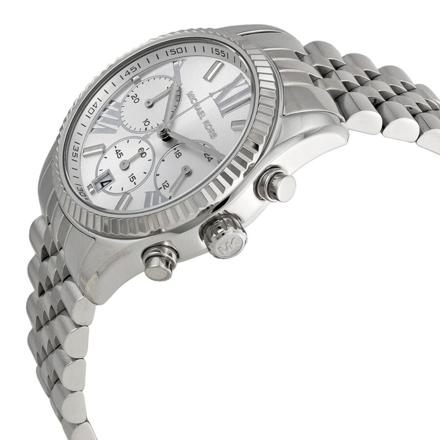 Michael Kors Lexington chronograph watch at angle showing stainless steel case, dial, and tapered bracelet